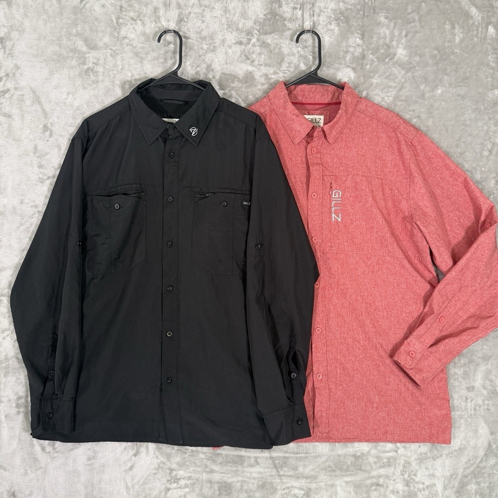 Lot of 2 Gillz Fishing Shirts Mens L Long Sleeve Ventilated Red Black Roll Tab